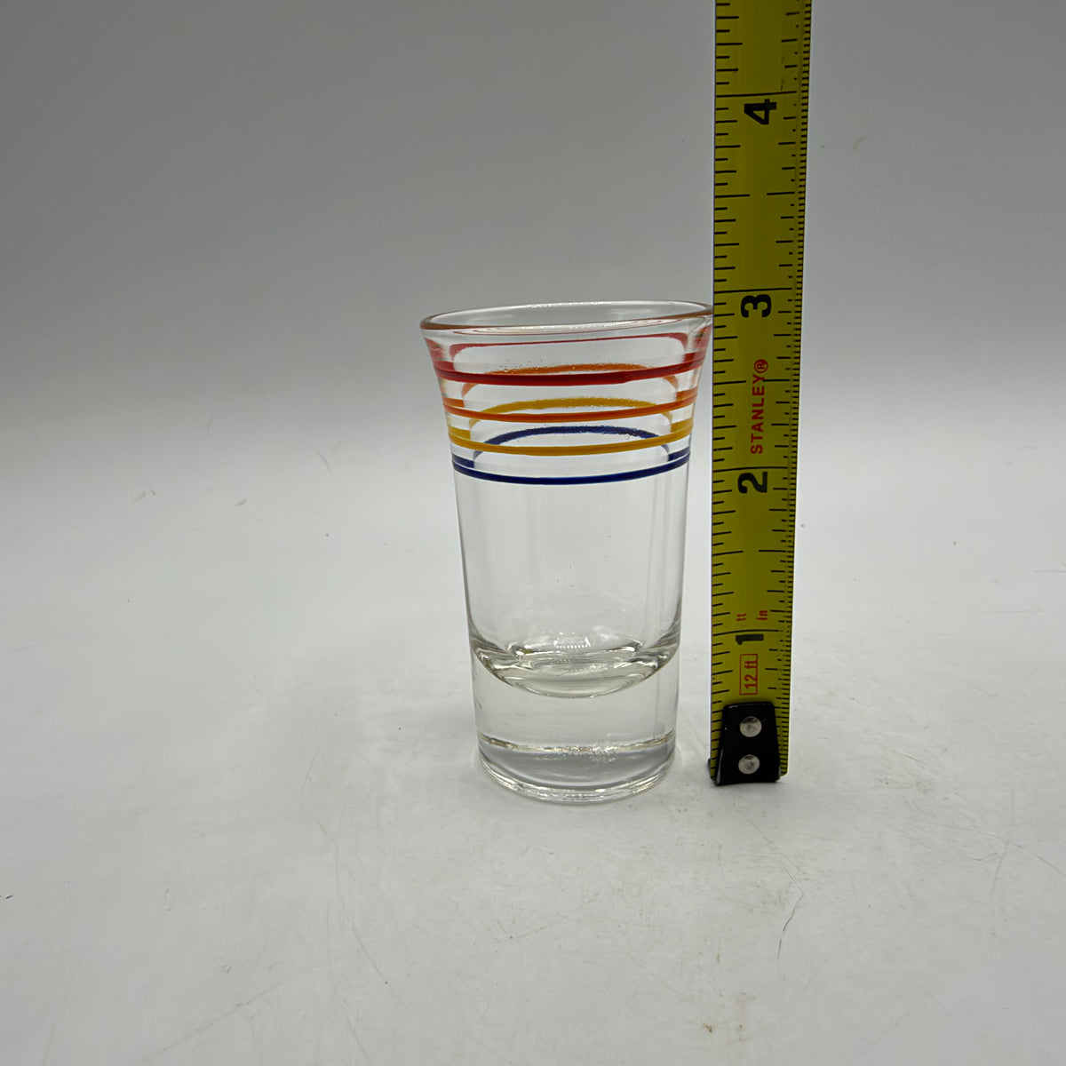 1950s Metal Shot Glass Carrier and 6 Heavy Bottom Striped Shot Glasses