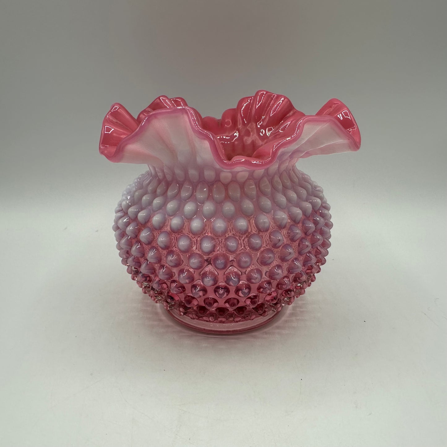 Fenton Cranberry Opalescent Hobnail Double Crimped Vase 5" Tall