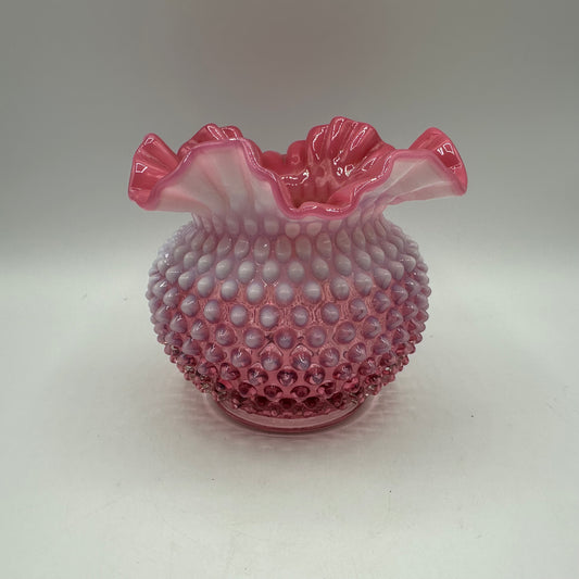 Fenton Cranberry Opalescent Hobnail Double Crimped Vase 5" Tall