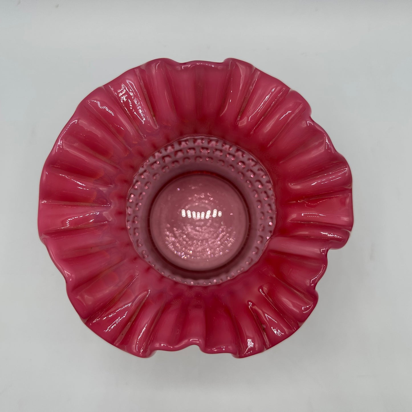Fenton Cranberry Opalescent Hobnail Double Crimped Vase 5" Tall