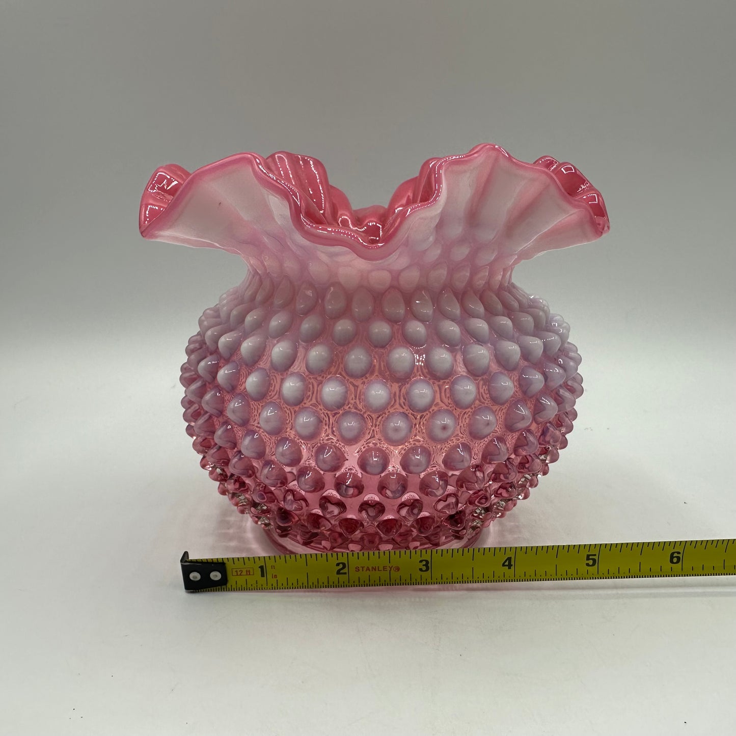 Fenton Cranberry Opalescent Hobnail Double Crimped Vase 5" Tall