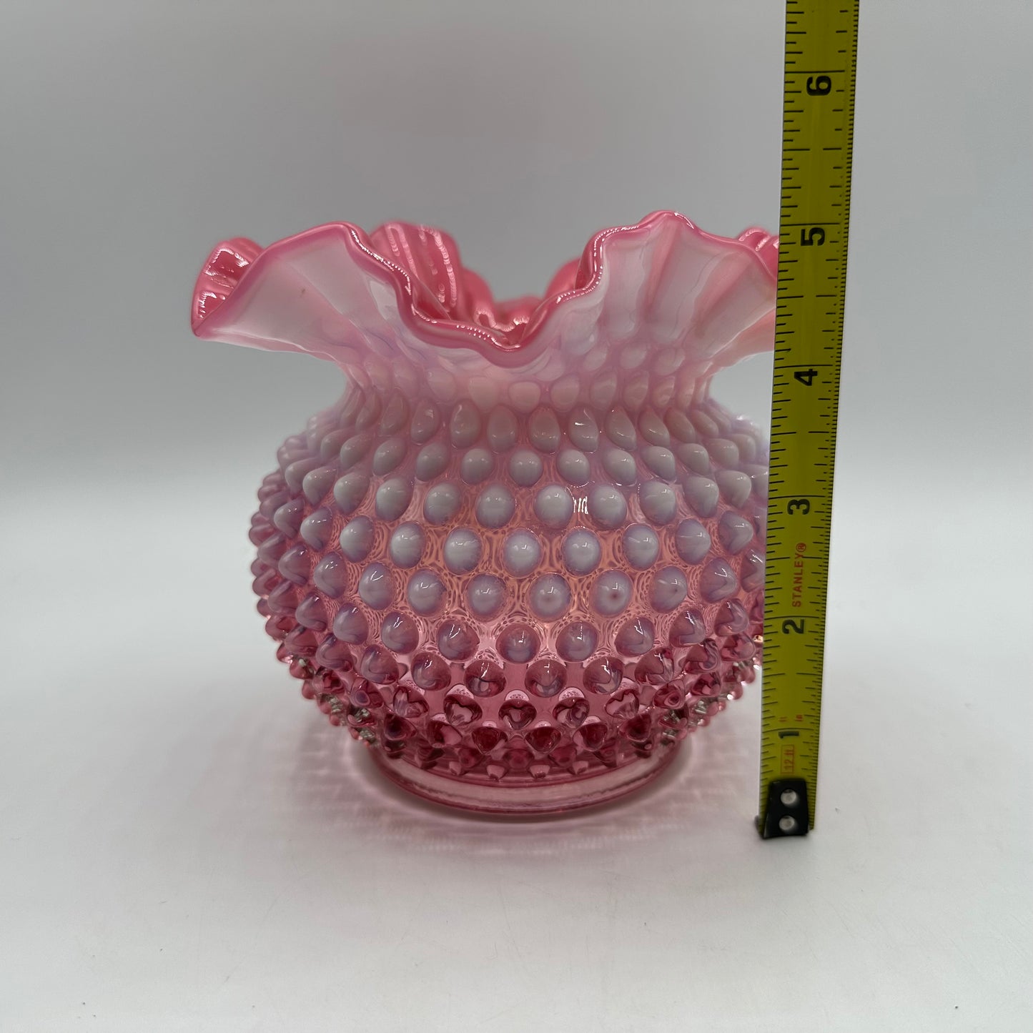 Fenton Cranberry Opalescent Hobnail Double Crimped Vase 5" Tall