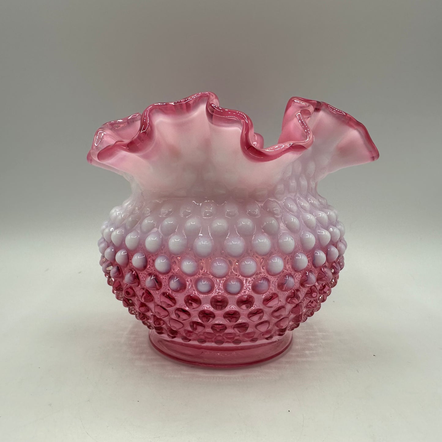 Fenton Cranberry Opalescent Hobnail Double Crimped Vase 4.75" Tall