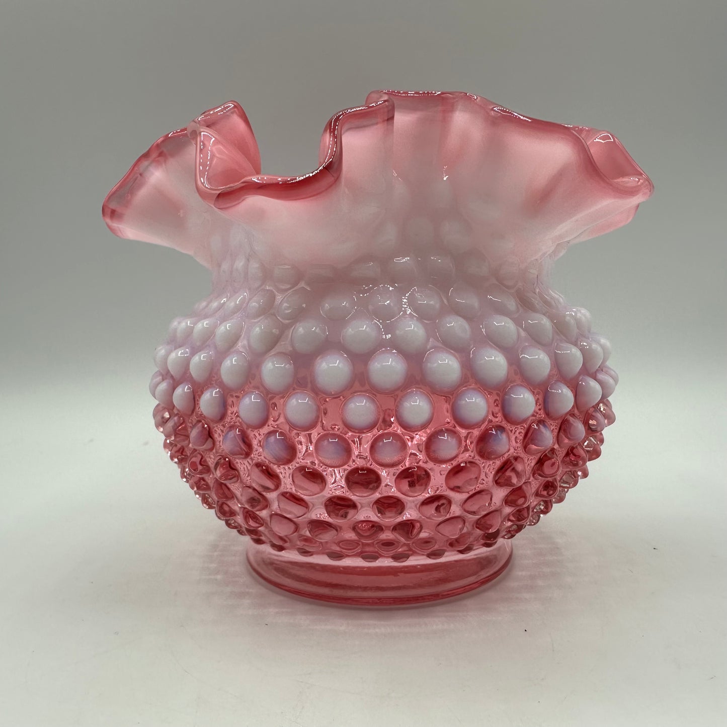 Fenton Cranberry Opalescent Hobnail Double Crimped Vase 4.75" Tall