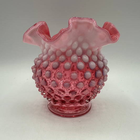 Fenton Cranberry Opalescent Hobnail Double Crimped Vase 4.25" Tall