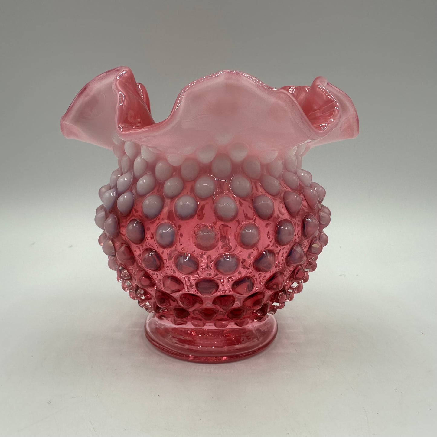 Fenton Cranberry Opalescent Hobnail Double Crimped Vase 4.25" Tall