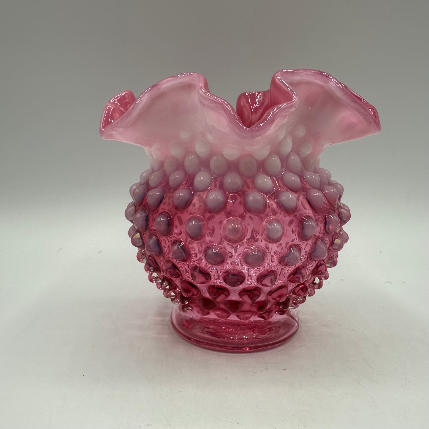 Fenton Cranberry Opalescent Hobnail Double Crimped Vase 4.25" Tall