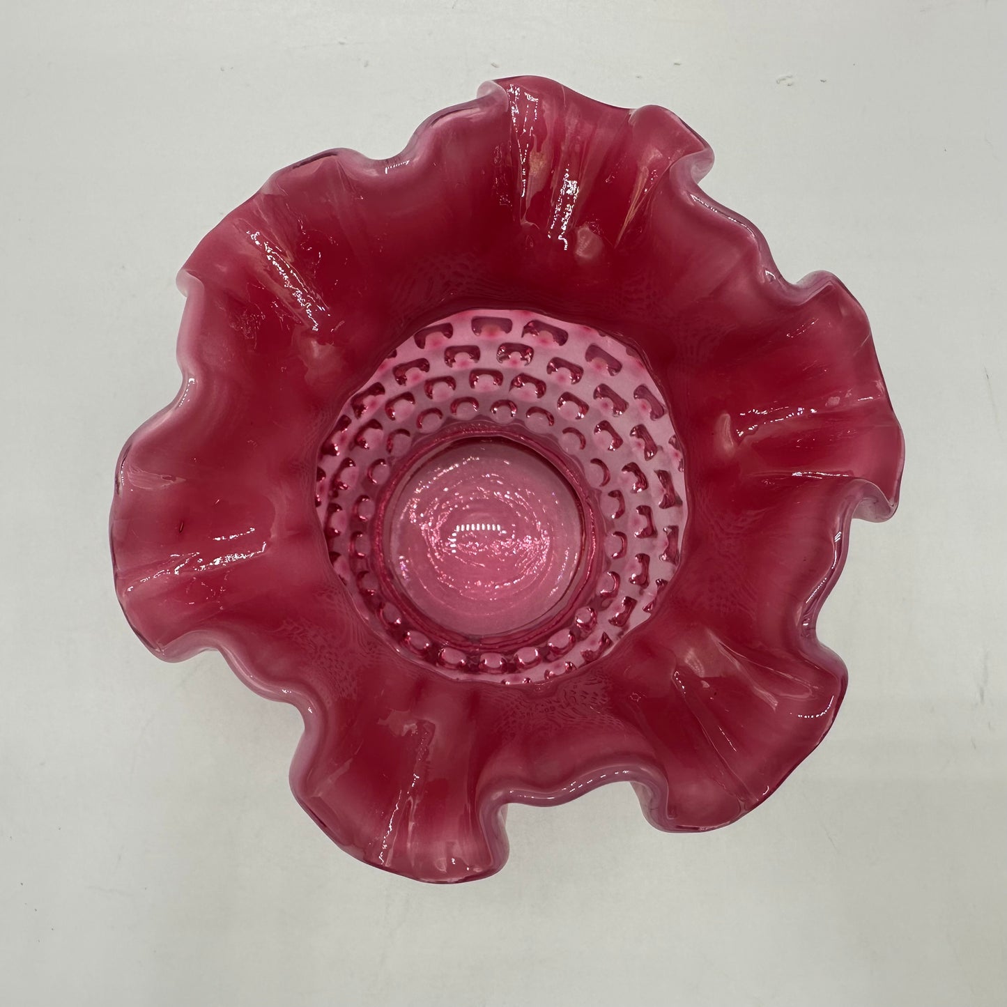 Fenton Cranberry Opalescent Hobnail Double Crimped Vase 4.25" Tall