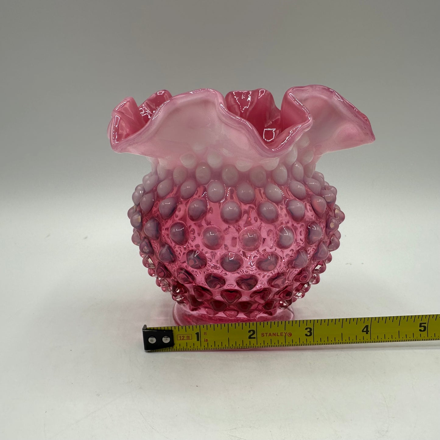 Fenton Cranberry Opalescent Hobnail Double Crimped Vase 4.25" Tall