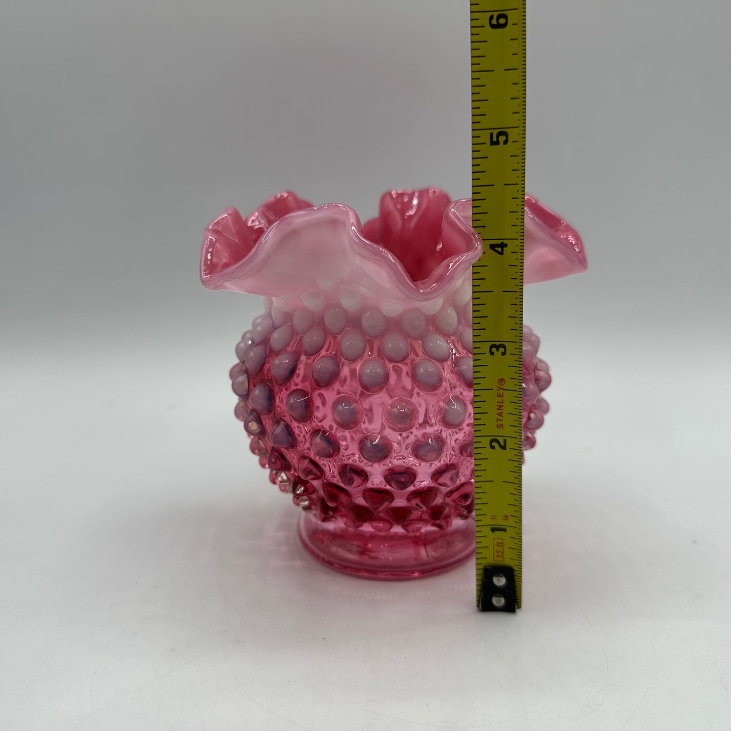 Fenton Cranberry Opalescent Hobnail Double Crimped Vase 4.25" Tall