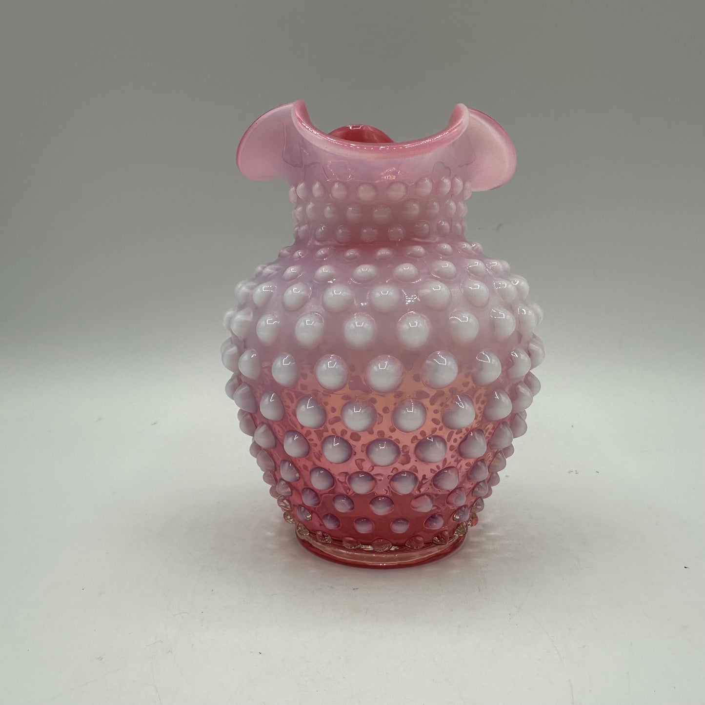 Fenton Cranberry Opalescent Hobnail Crimped Triangle Vase 5" Tall
