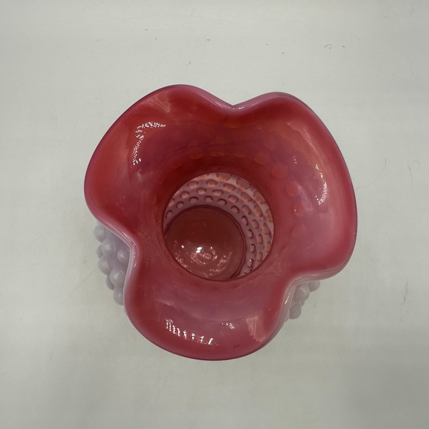 Fenton Cranberry Opalescent Hobnail Crimped Triangle Vase 5" Tall