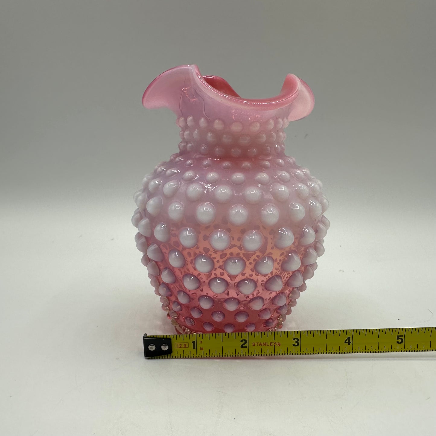 Fenton Cranberry Opalescent Hobnail Crimped Triangle Vase 5" Tall