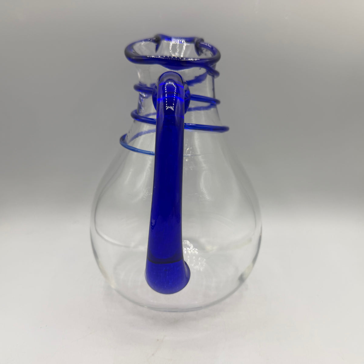 G Brian Art Glass Pitcher, Cobalt Spiral Wrap & Handle