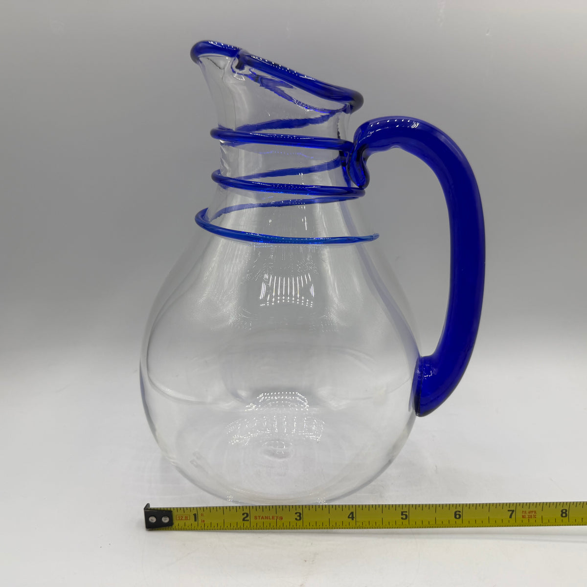 G Brian Art Glass Pitcher, Cobalt Spiral Wrap & Handle