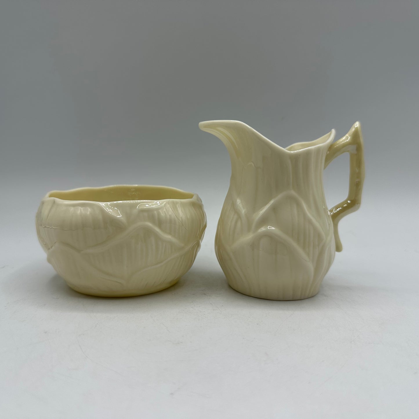 Belleek Lily Cob Lustre Open Sugar Bowl and Creamer, 7th Mark