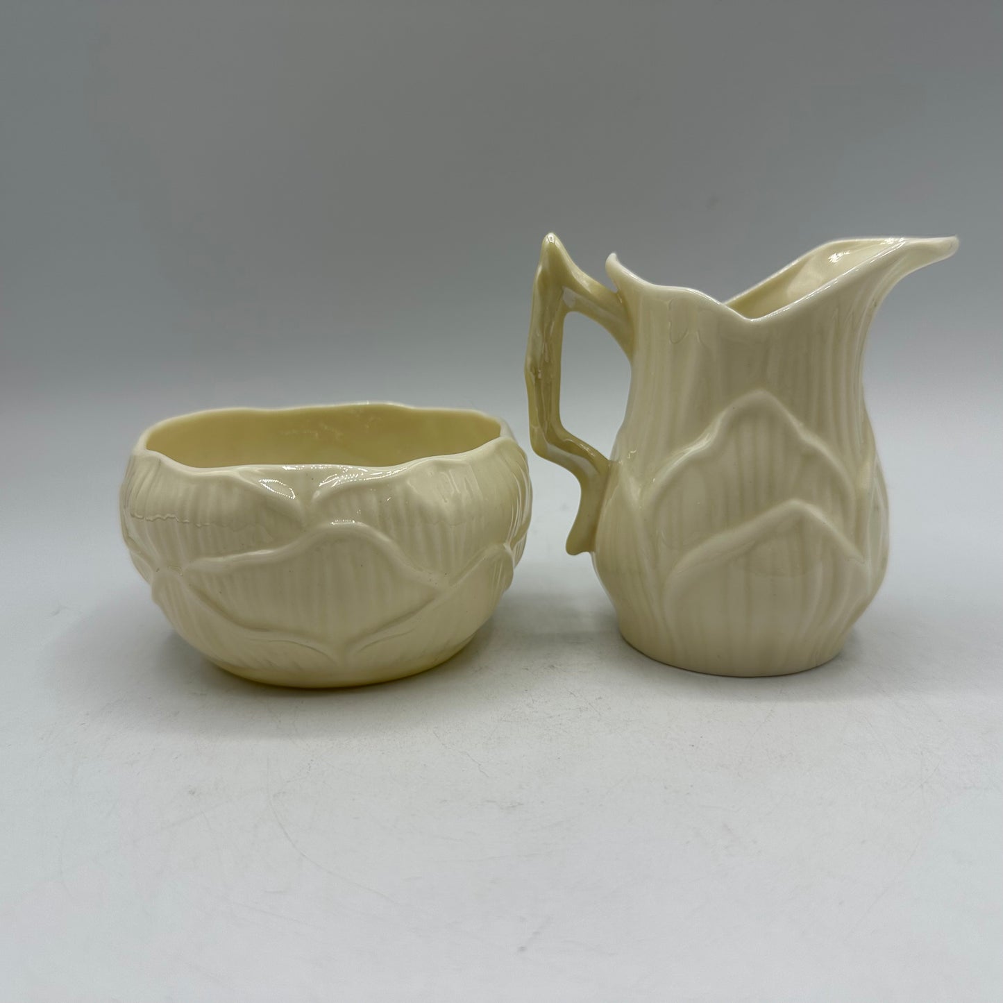 Belleek Lily Cob Lustre Open Sugar Bowl and Creamer, 7th Mark