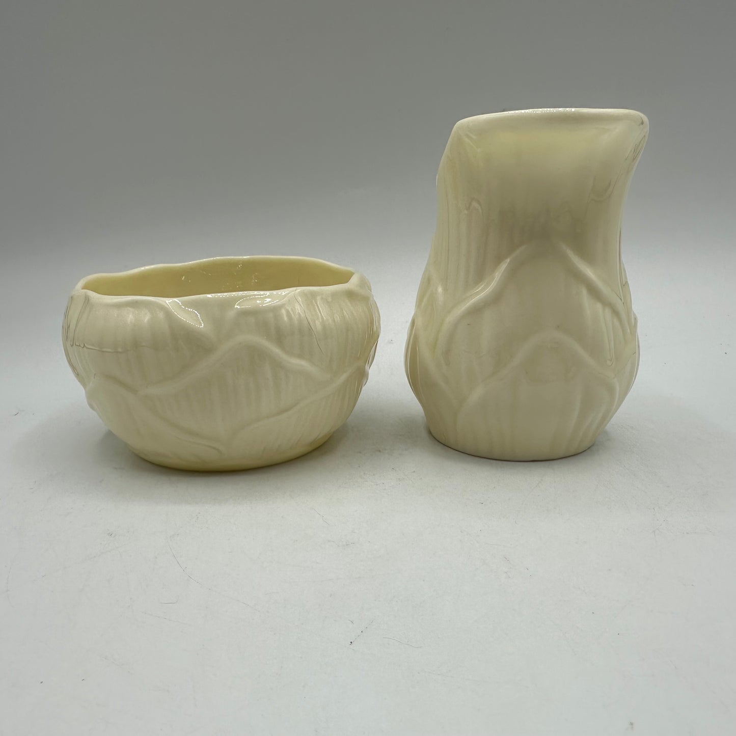 Belleek Lily Cob Lustre Open Sugar Bowl and Creamer, 7th Mark