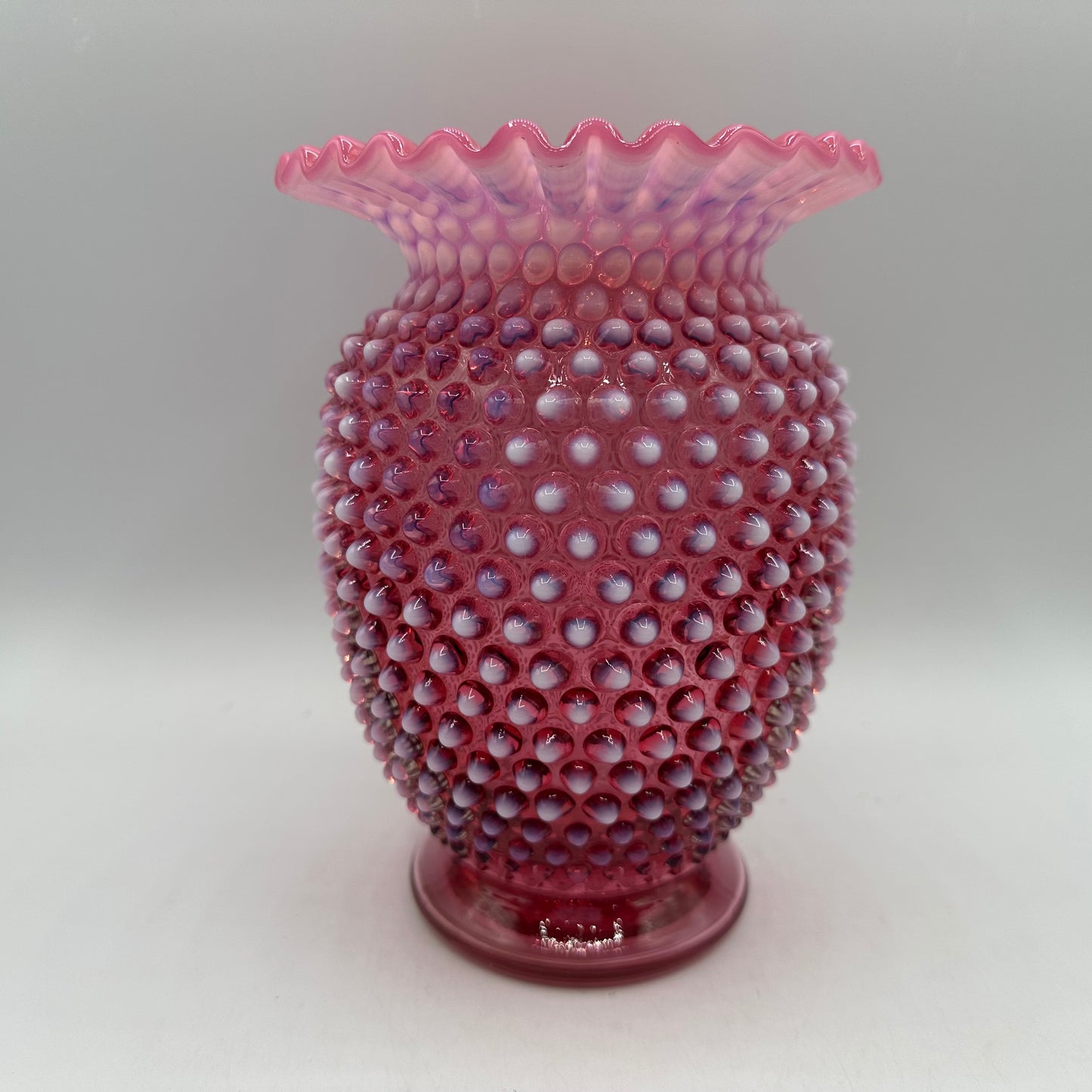 Fenton Cranberry Opalescent Hobnail Flared Ruffled Rim Vase