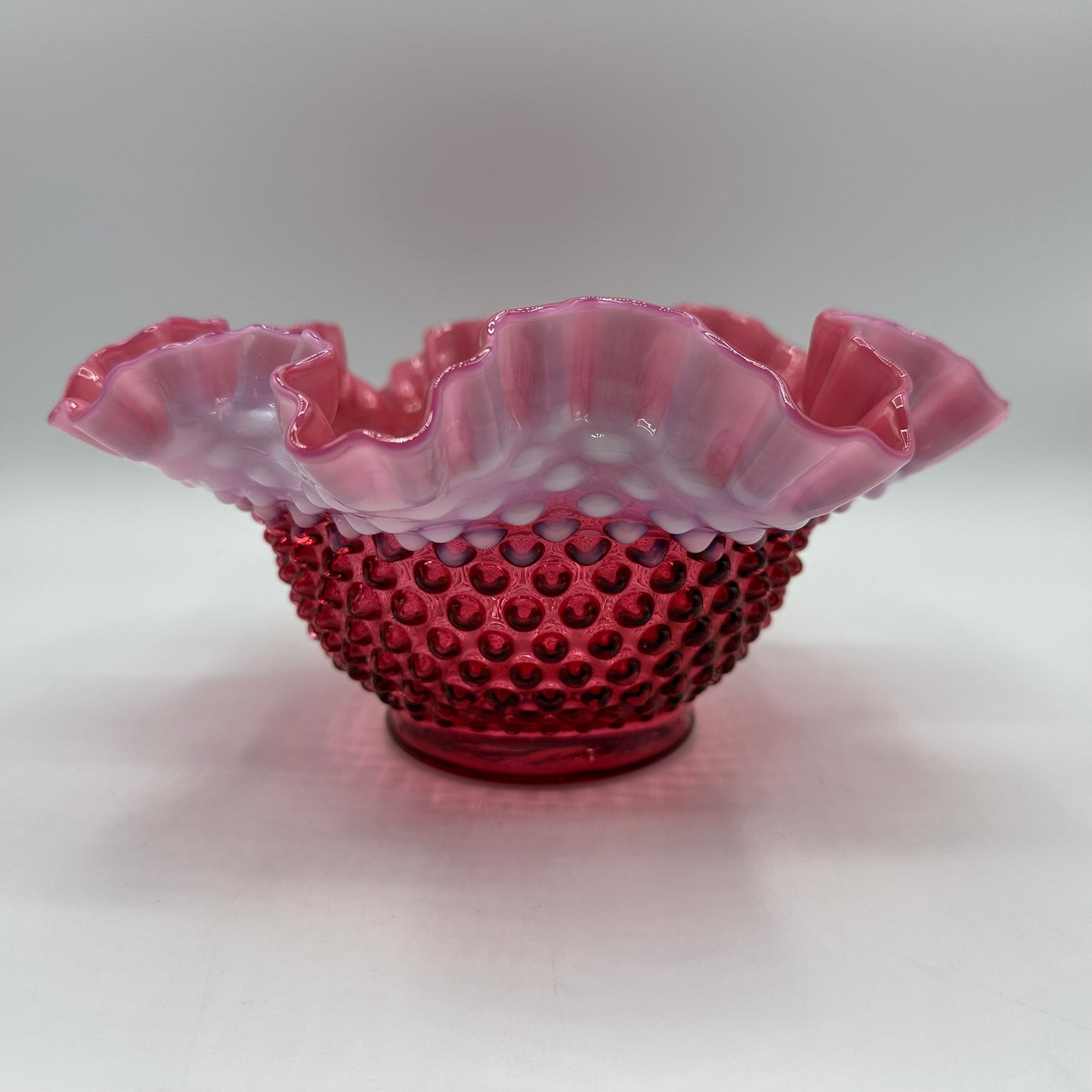 Fenton Cranberry Opalescent Hobnail Ruffled Bowl 9"