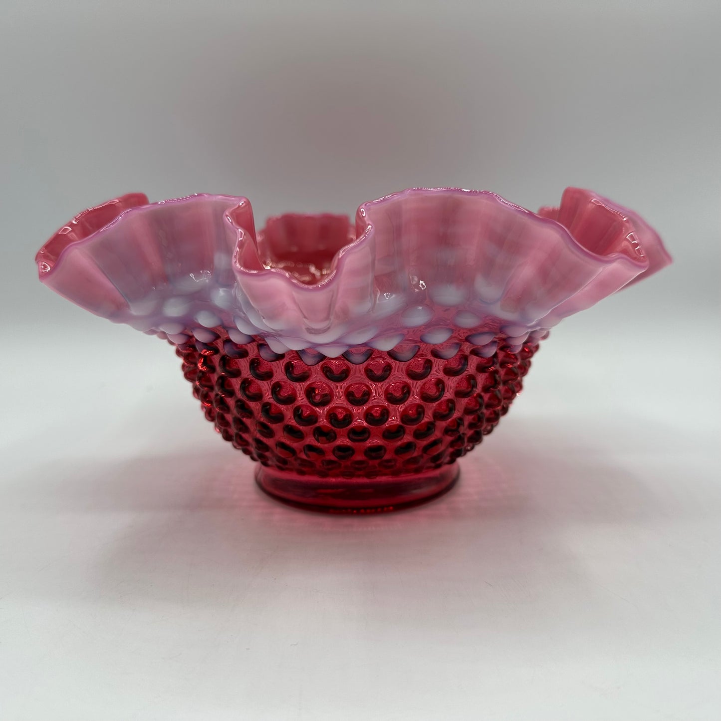 Fenton Cranberry Opalescent Hobnail Ruffled Bowl 9"