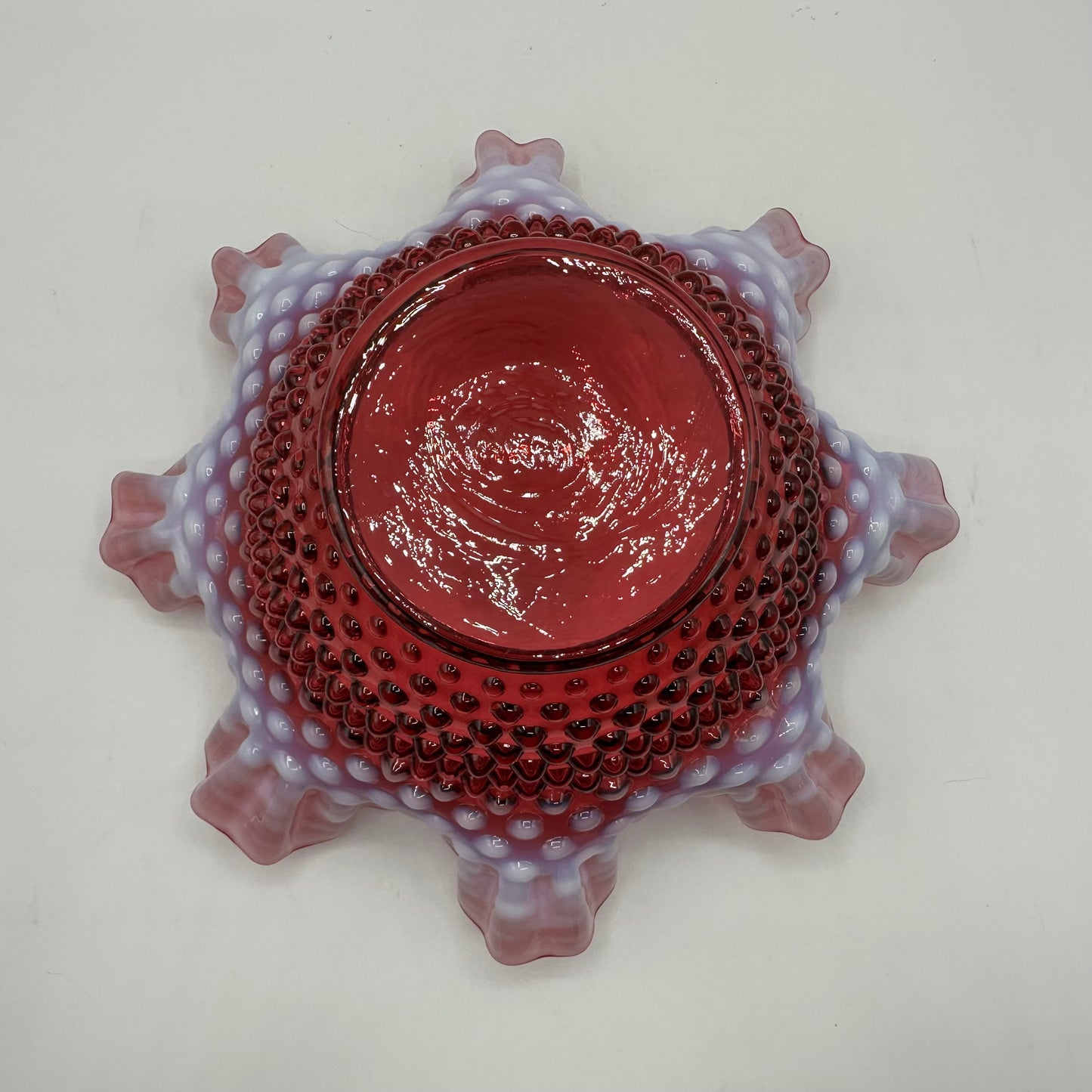 Fenton Cranberry Opalescent Hobnail Ruffled Bowl 9"