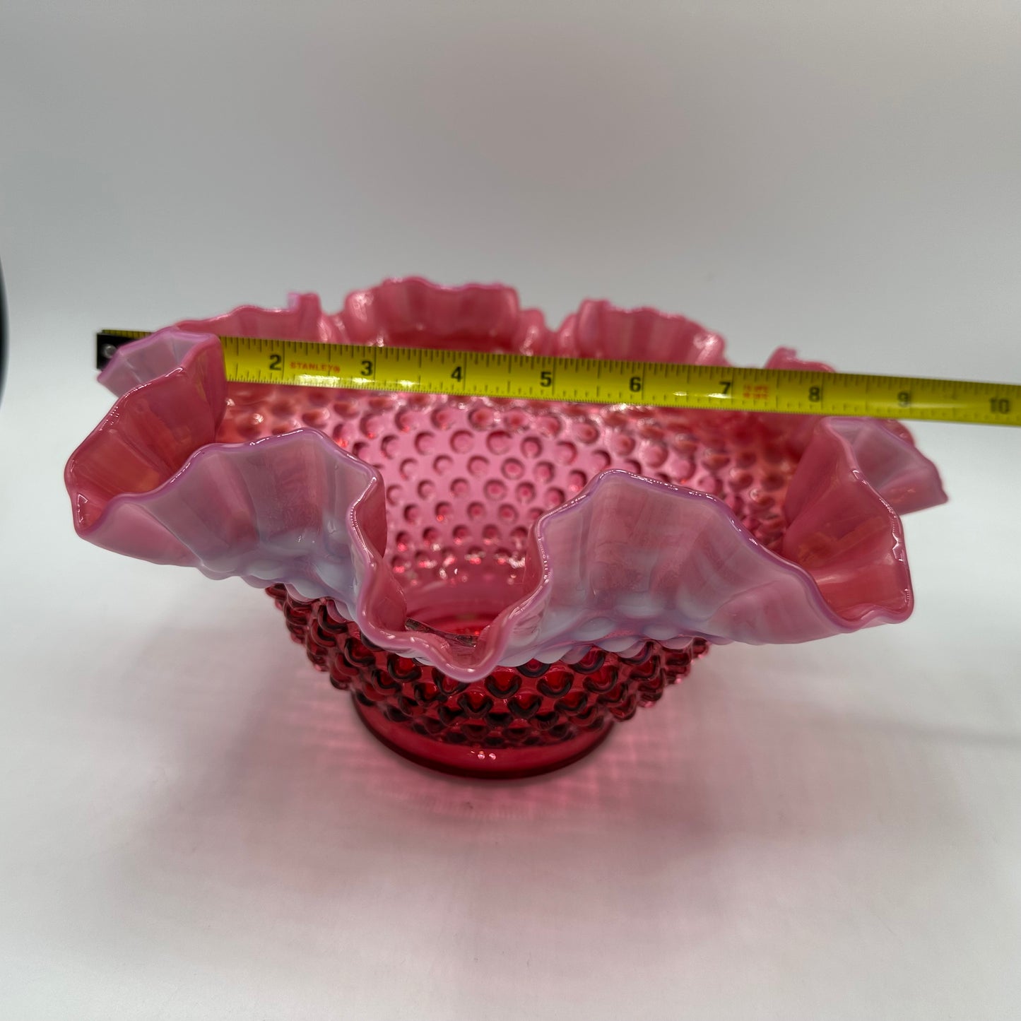 Fenton Cranberry Opalescent Hobnail Ruffled Bowl 9"