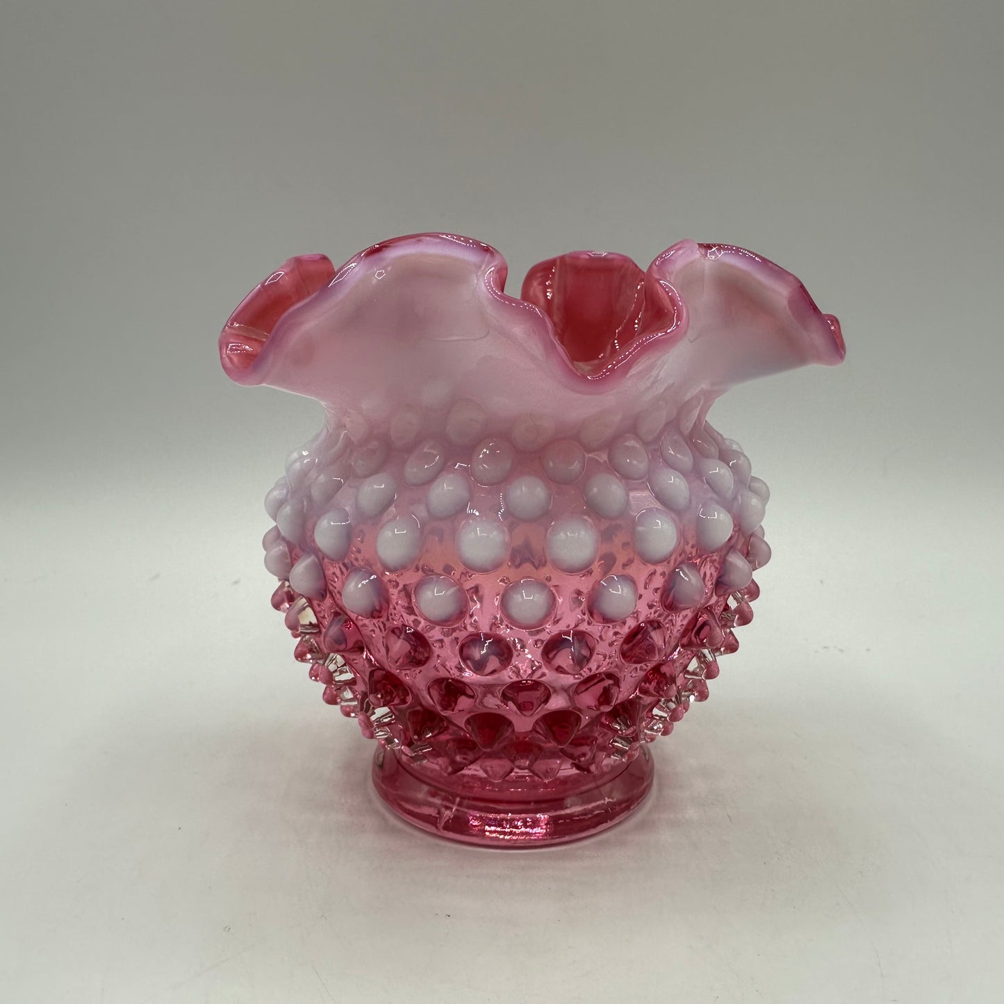 Fenton Cranberry Opalescent Hobnail Ruffled Vase  4.25" Tall