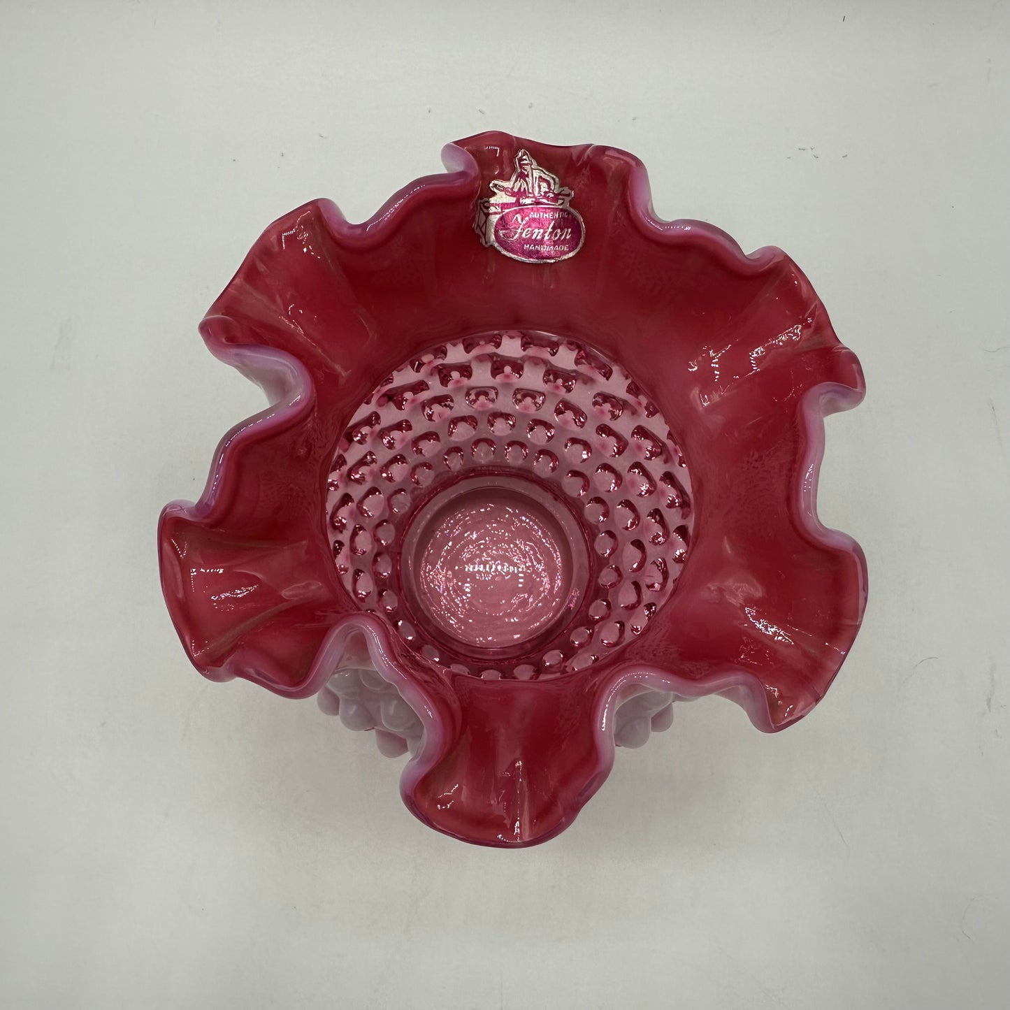Fenton Cranberry Opalescent Hobnail Ruffled Vase  4.25" Tall