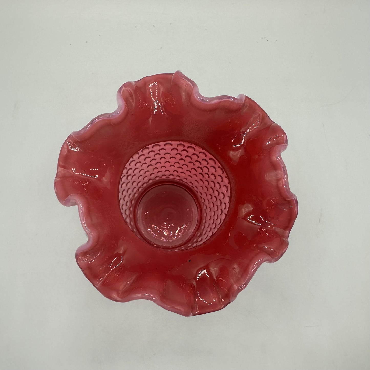 Fenton Cranberry Opalescent Hobnail Ruffled Vase 6" Tall