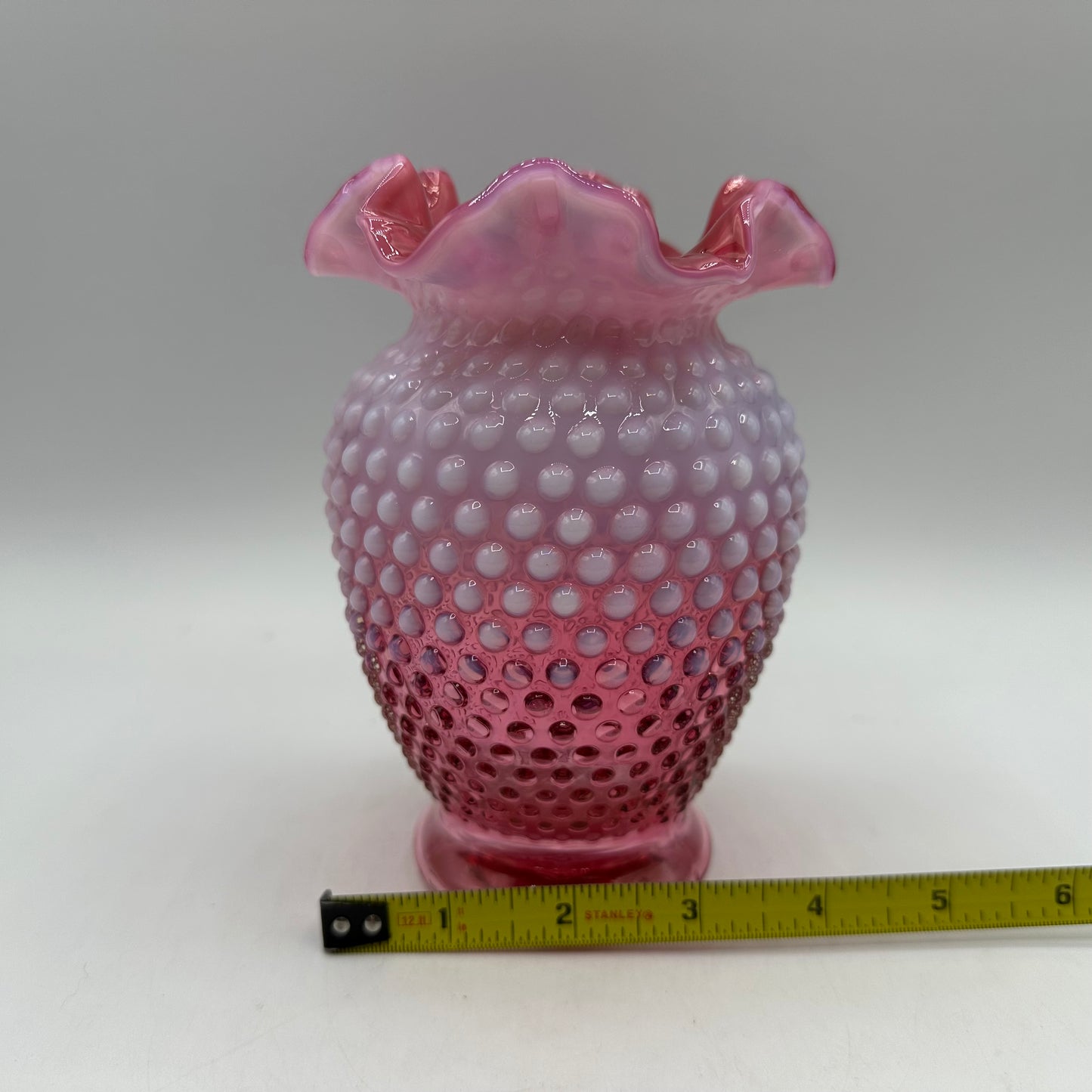 Fenton Cranberry Opalescent Hobnail Ruffled Vase 6" Tall