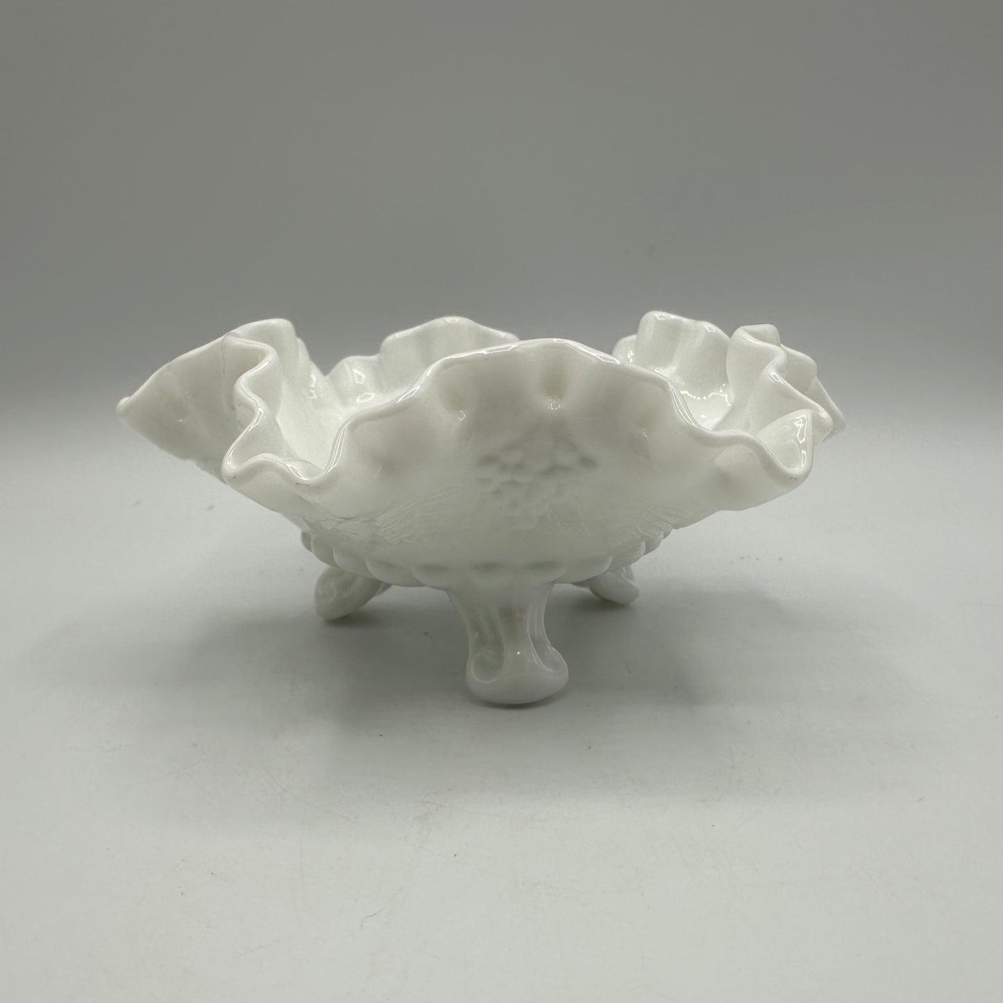 Westmoreland Milk Glass Paneled Grape Crimped Candy Dish, Footed