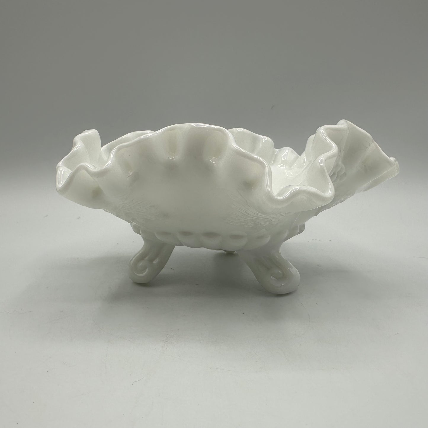 Westmoreland Milk Glass Paneled Grape Crimped Candy Dish, Footed