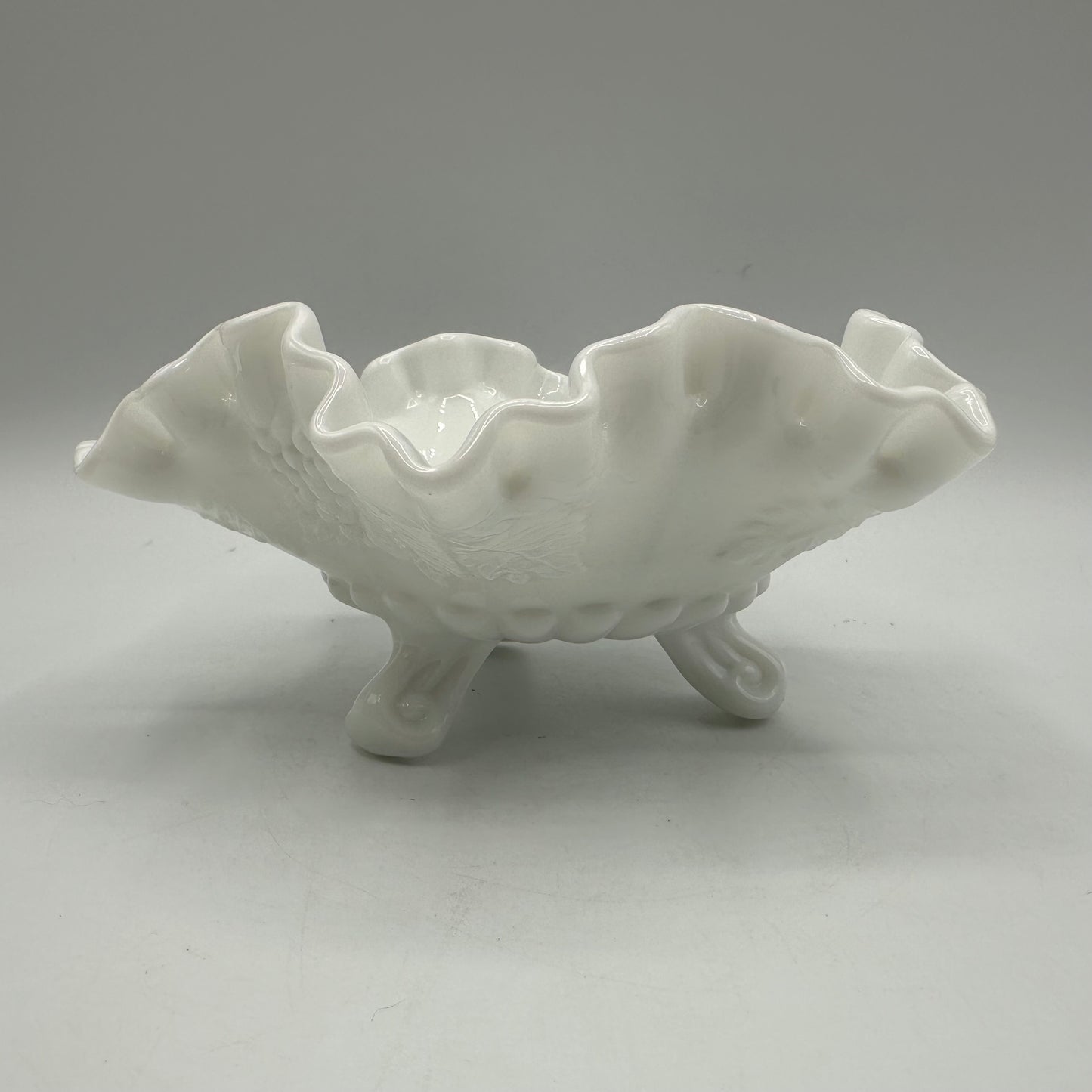 Westmoreland Milk Glass Paneled Grape Crimped Candy Dish, Footed