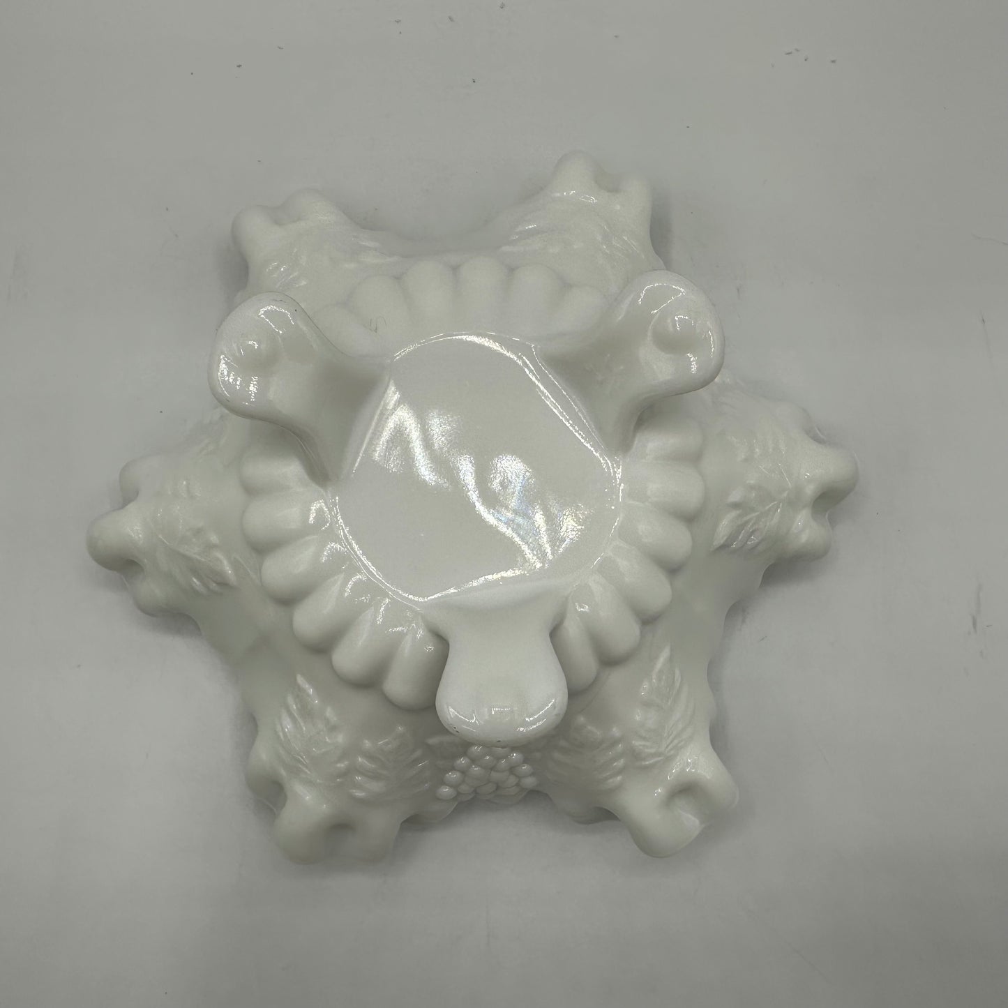 Westmoreland Milk Glass Paneled Grape Crimped Candy Dish, Footed