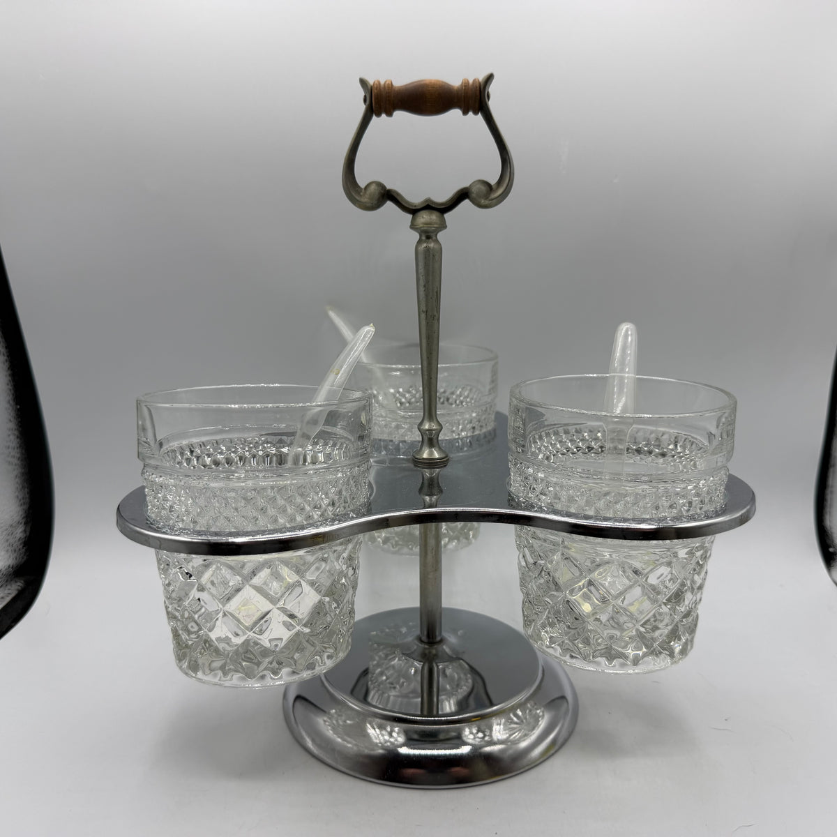 Kromex Condiment Trio Caddy, Glasses, & Spoons