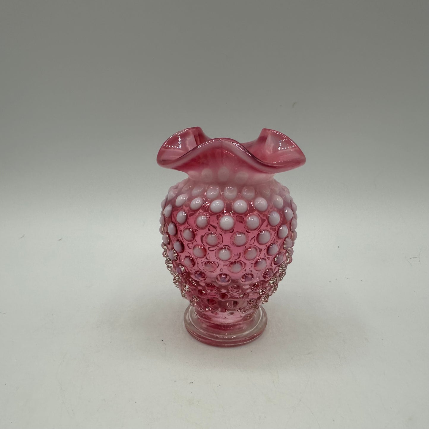 Fenton Cranberry Opalescent Hobnail Ruffled Vase, 3.75"
