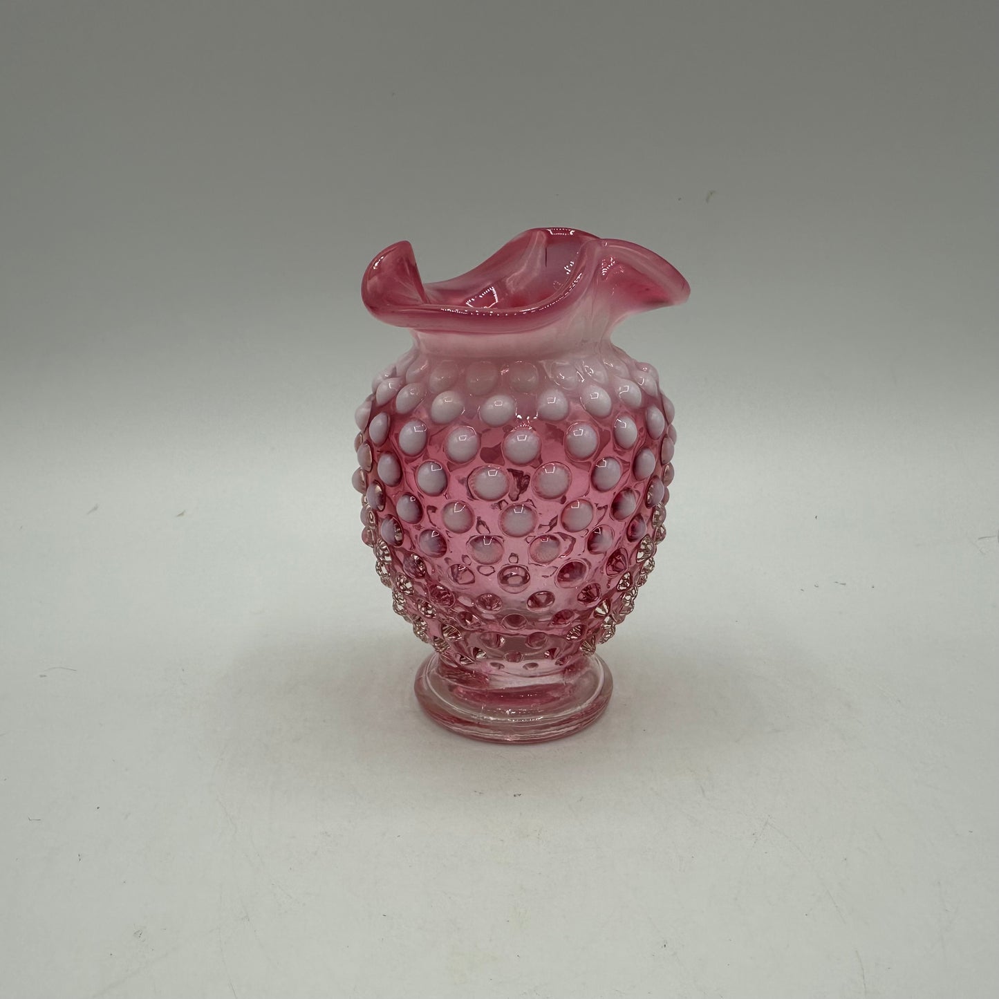 Fenton Cranberry Opalescent Hobnail Ruffled Vase, 3.75"
