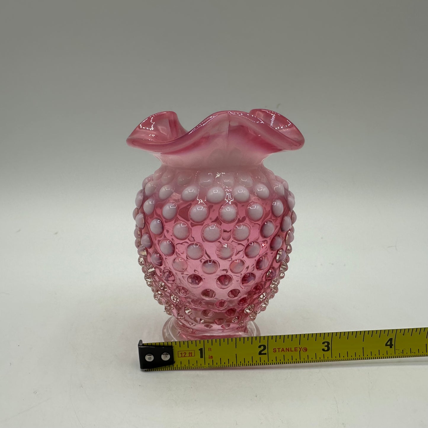 Fenton Cranberry Opalescent Hobnail Ruffled Vase, 3.75"