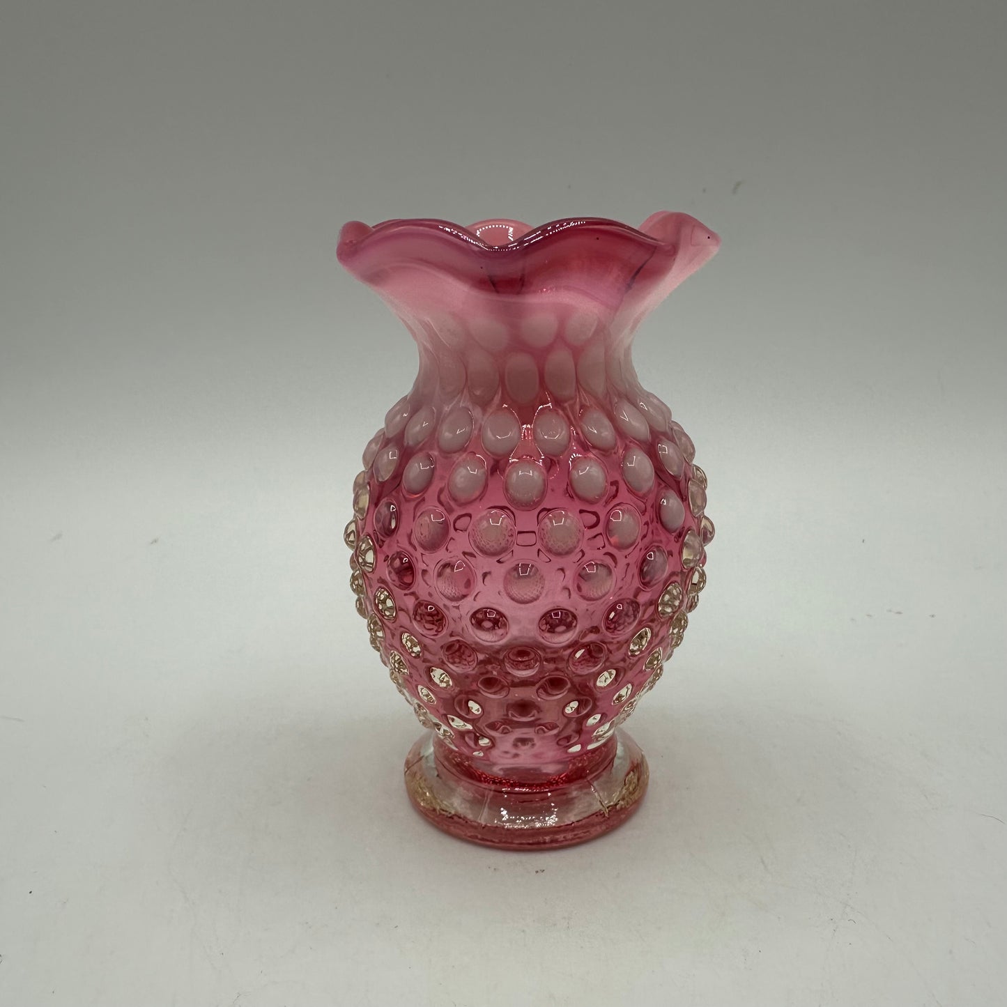 Fenton Cranberry Opalescent Hobnail Ruffled Vase, 3.75"