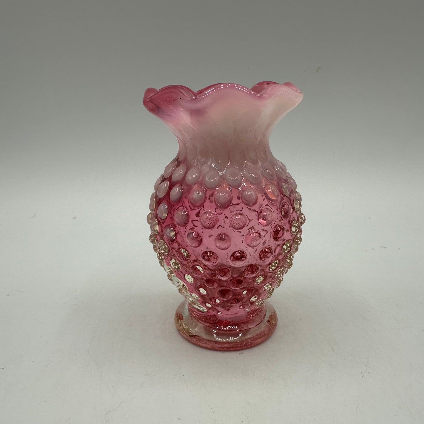 Fenton Cranberry Opalescent Hobnail Ruffled Vase, 3.75"