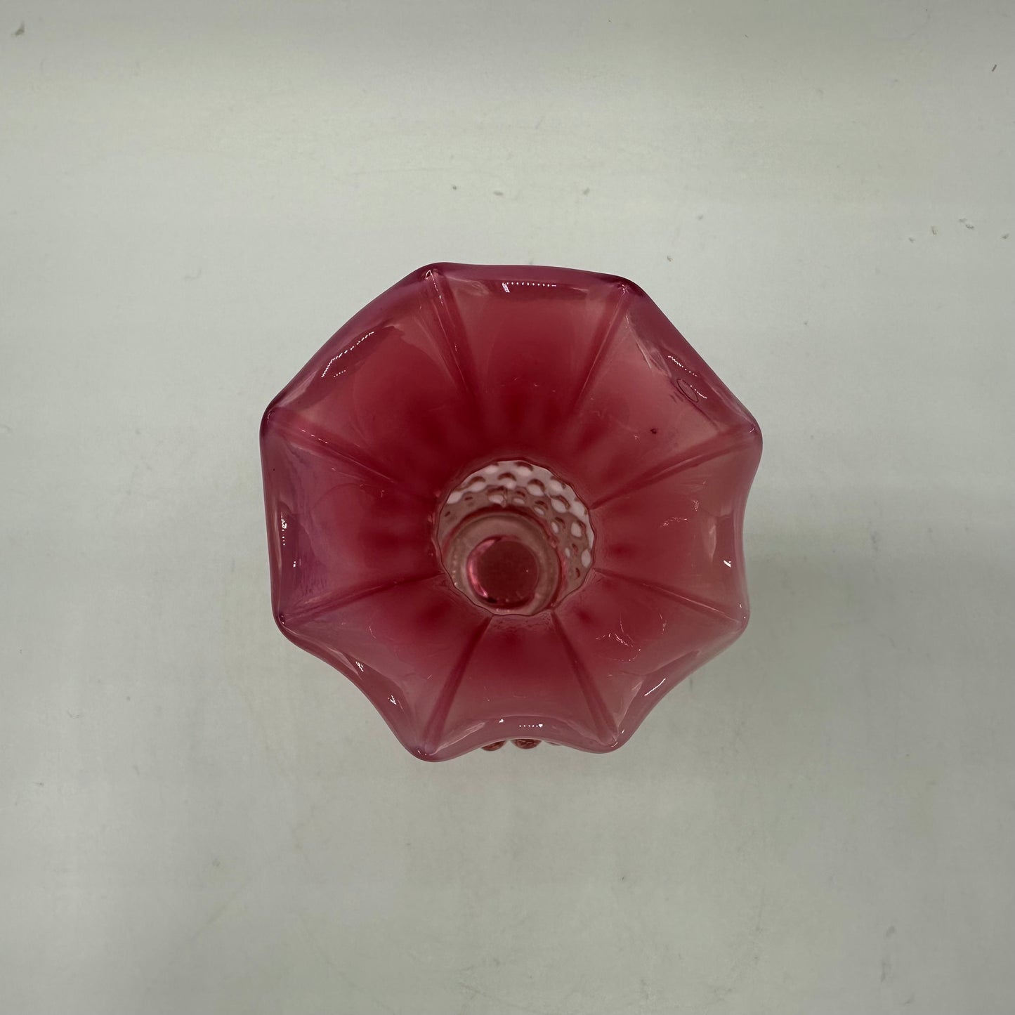 Fenton Cranberry Opalescent Hobnail Ruffled Vase, 3.75"