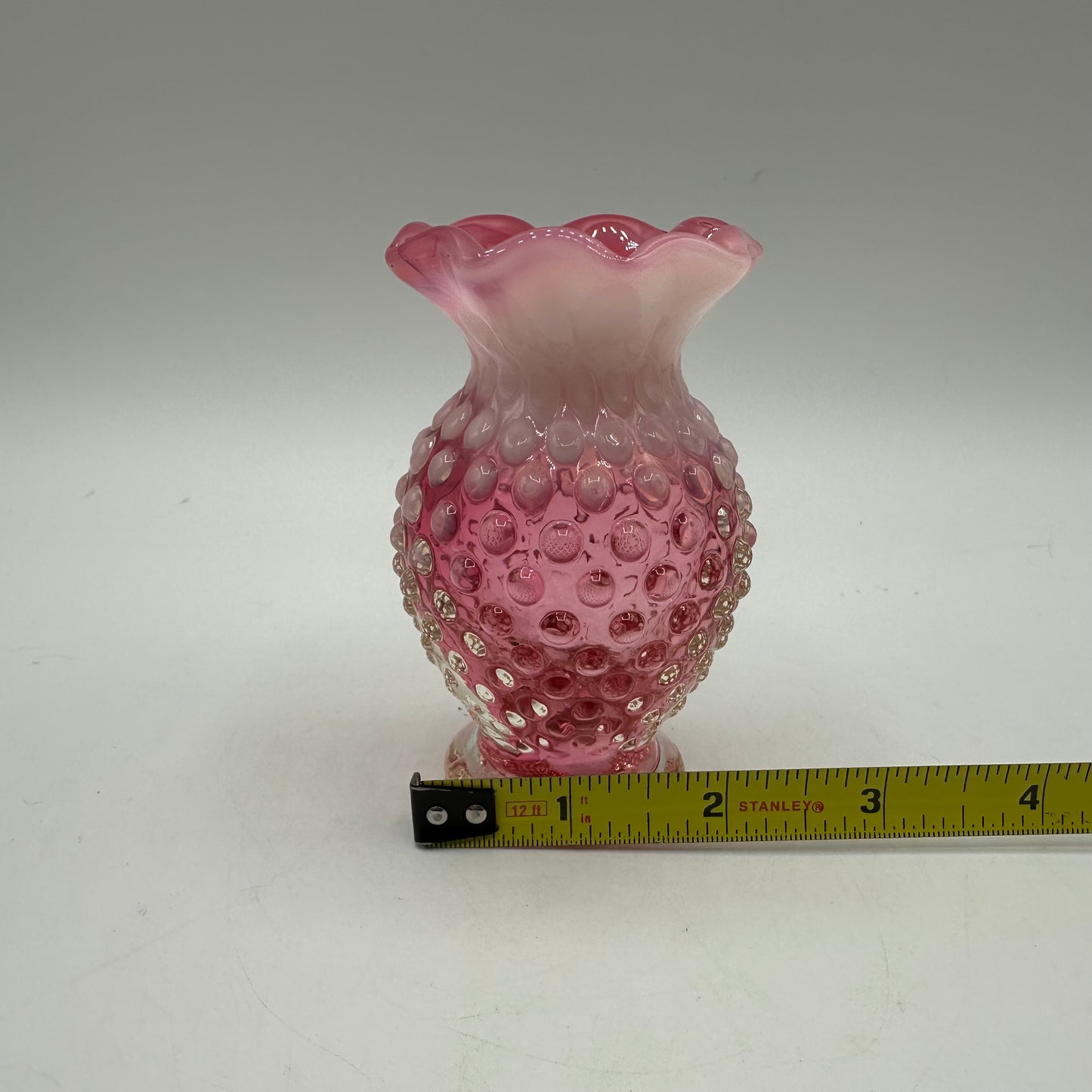 Fenton Cranberry Opalescent Hobnail Ruffled Vase, 3.75"