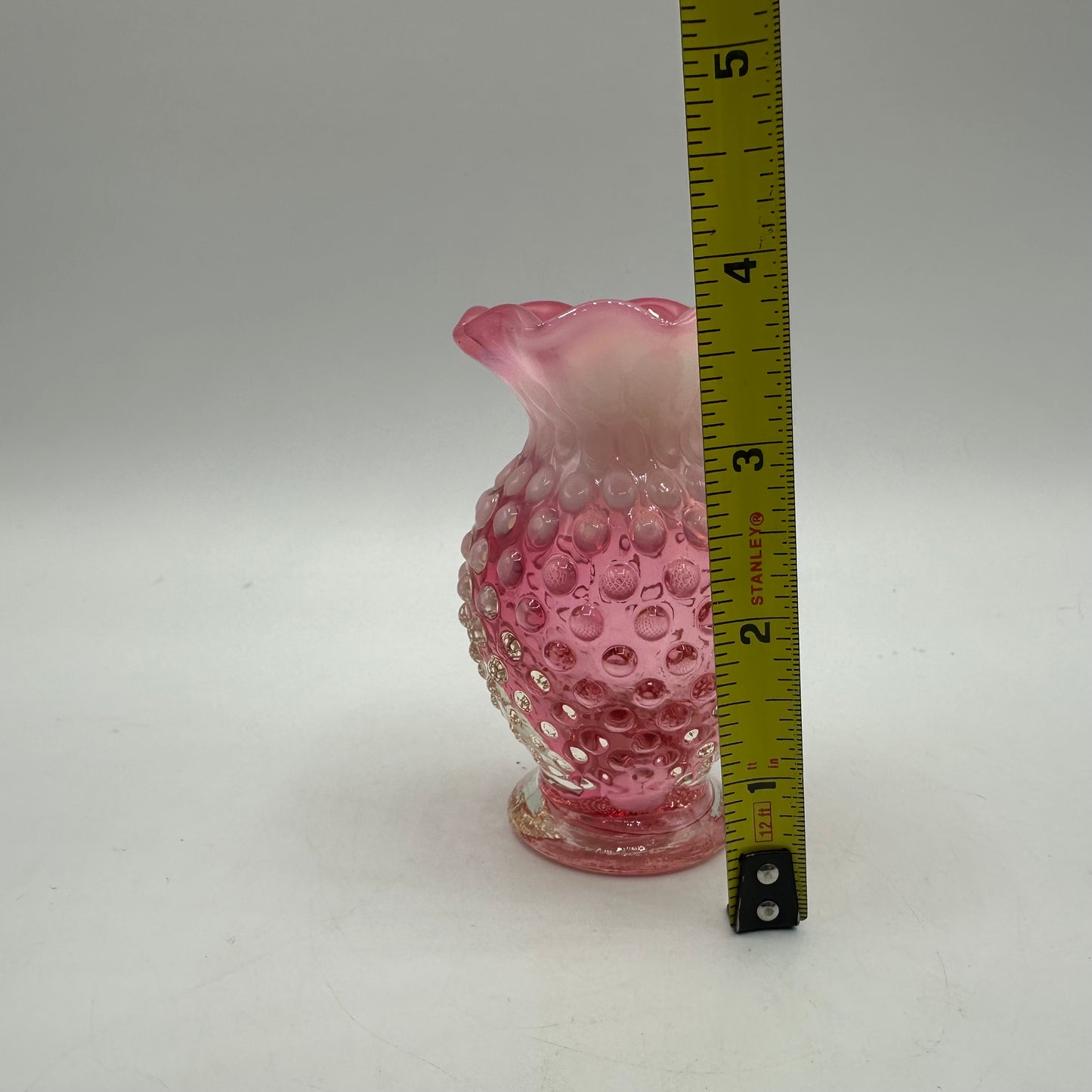 Fenton Cranberry Opalescent Hobnail Ruffled Vase, 3.75"