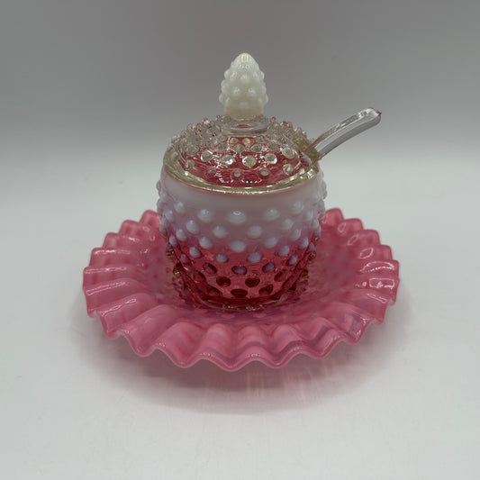 Fenton Cranberry Opalescent Hobnail Jam Covered Jar, Plate, And Spoon Set