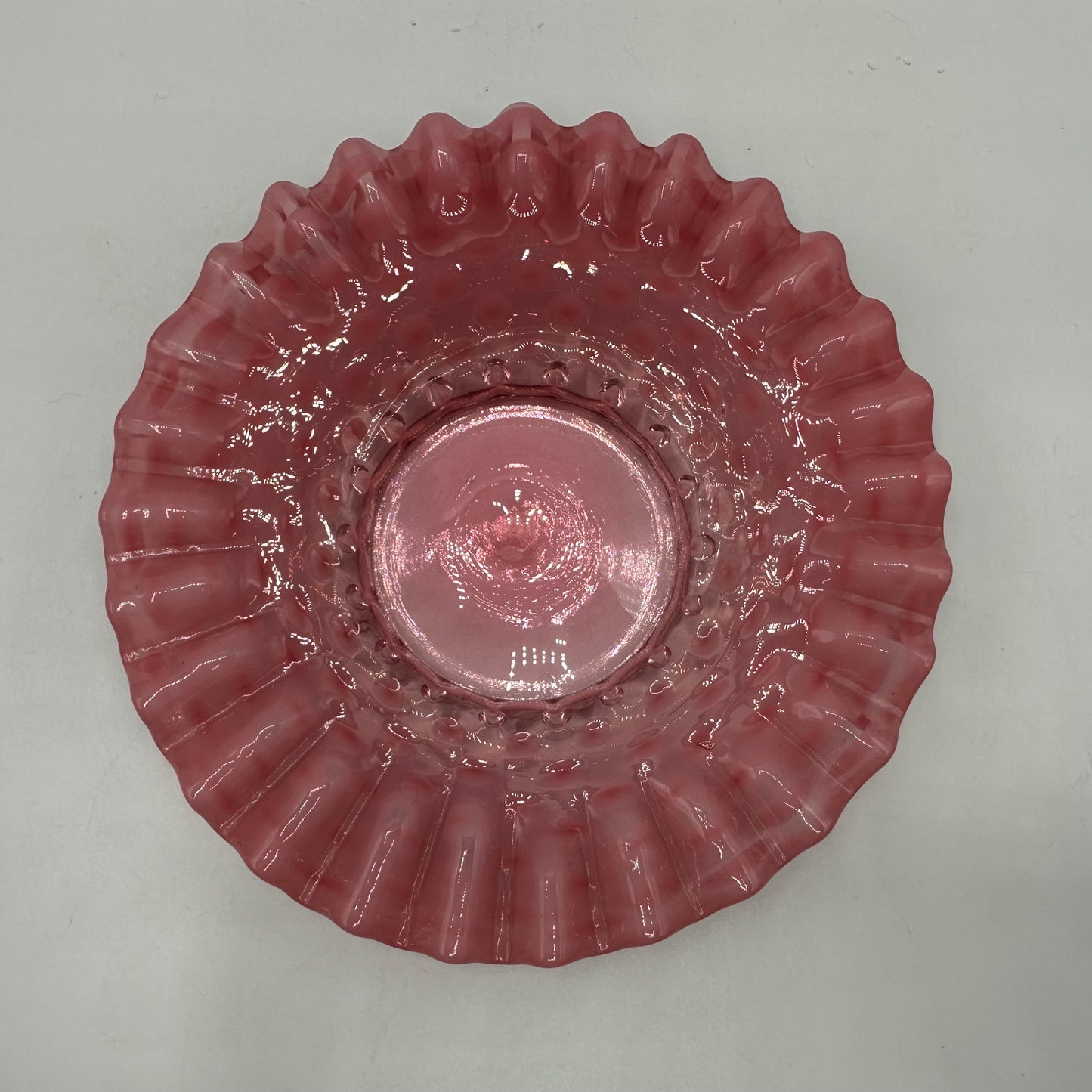 Fenton Cranberry Opalescent Hobnail Jam Covered Jar, Plate, And Spoon Set