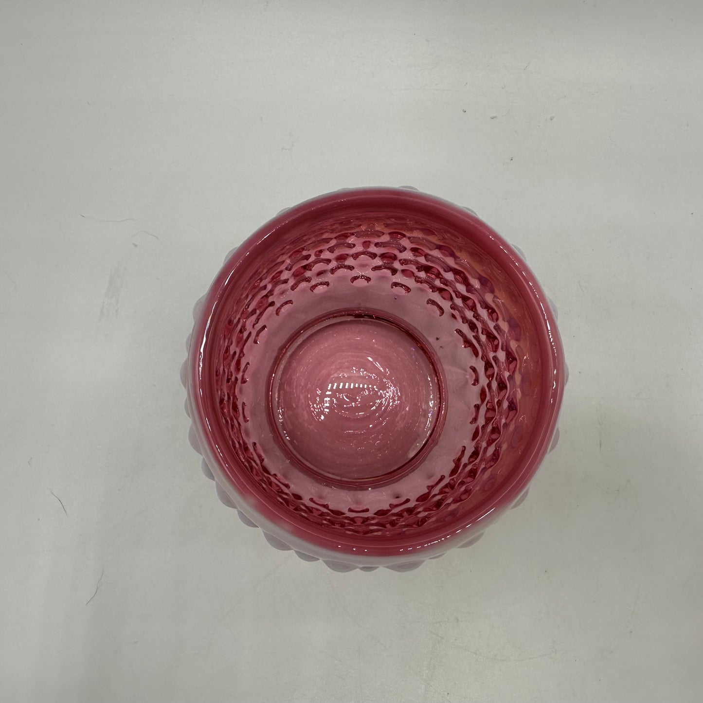 Fenton Cranberry Opalescent Hobnail Jam Covered Jar, Plate, And Spoon Set
