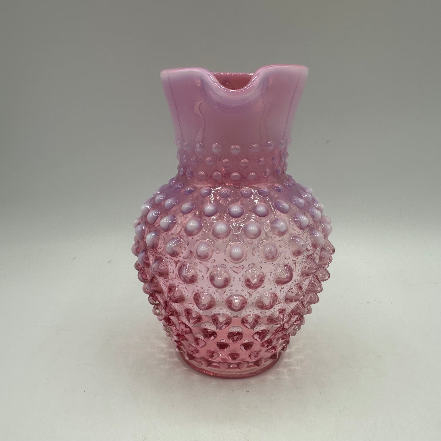 Fenton Cranberry Opalescent Hobnail Pitcher, 5.75"