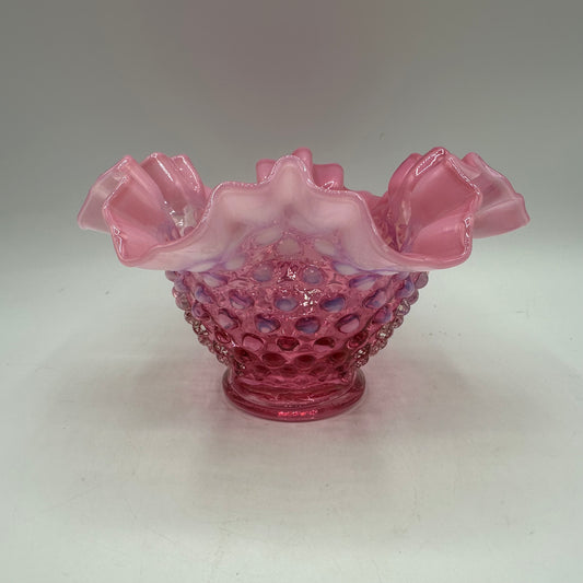 Fenton Cranberry Opalescent Hobnail Ruffled Edge Bowl 4" Tall