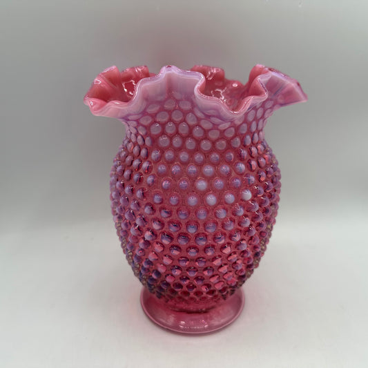 Fenton Cranberry Opalescent Hobnail Ruffled Vase, 8"